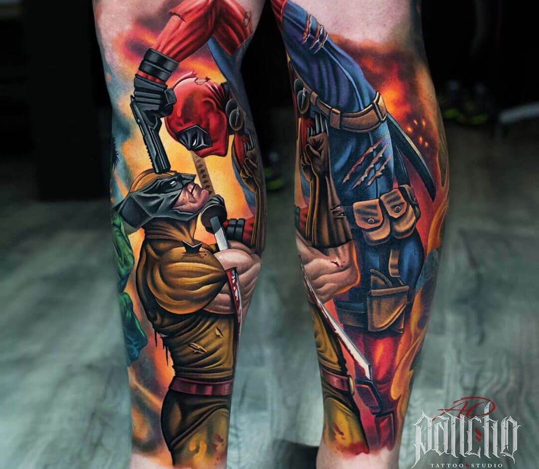 Colorful avengers picture tattoo on full lower leg