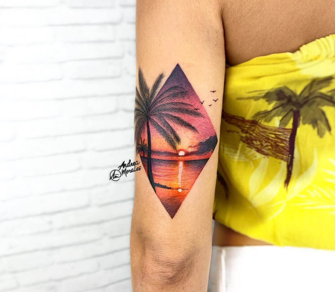 Small Beach Sunset With Palm Trees Mens Lower Leg Tattoo  Beach tattoo  Small beach tattoos Tattoos for guys