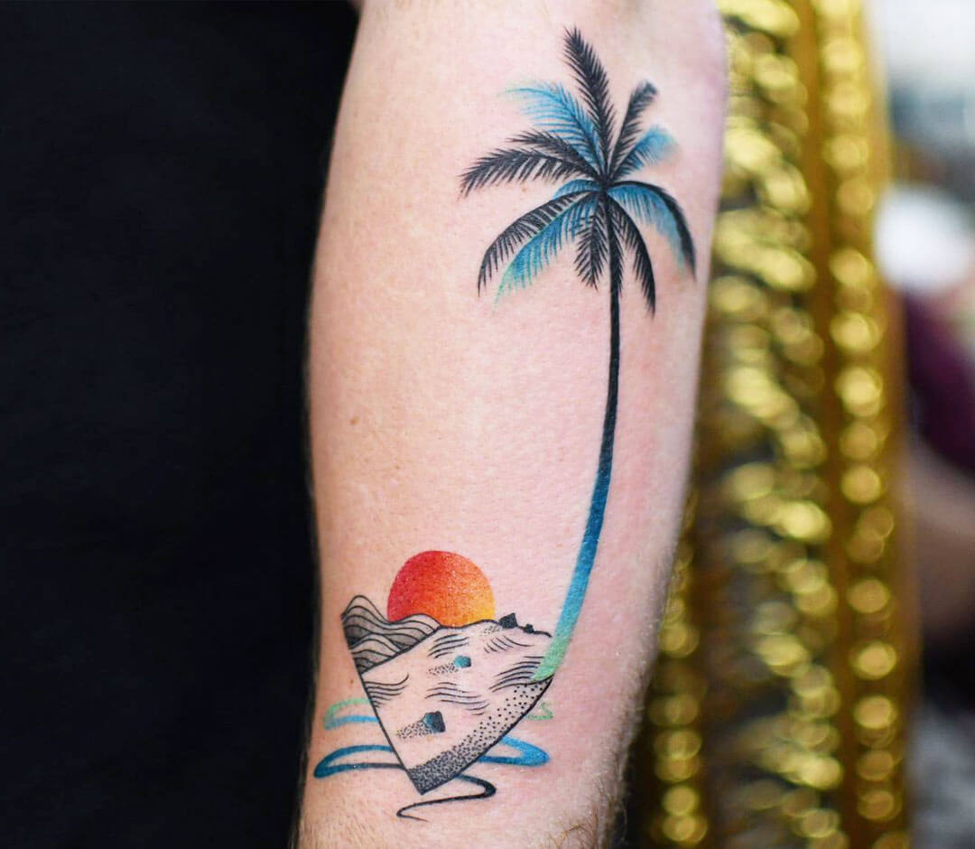 Palm tree and sunset tattoo. Sun is too big but I like that it's a small  tattoo | Sunset tattoos, Palm tree tattoo, Palm tattoos