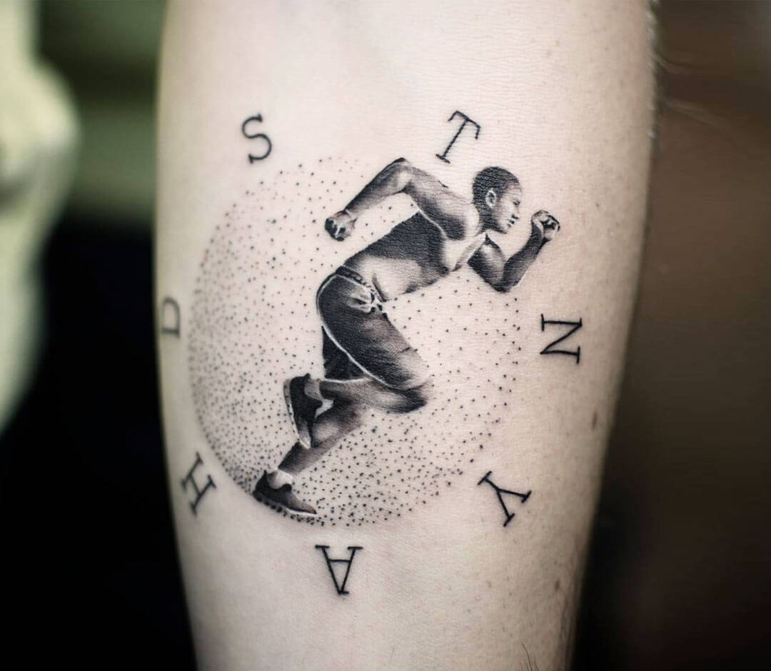 Tattoo on leg, marathon, running, direction, life long on Craiyon