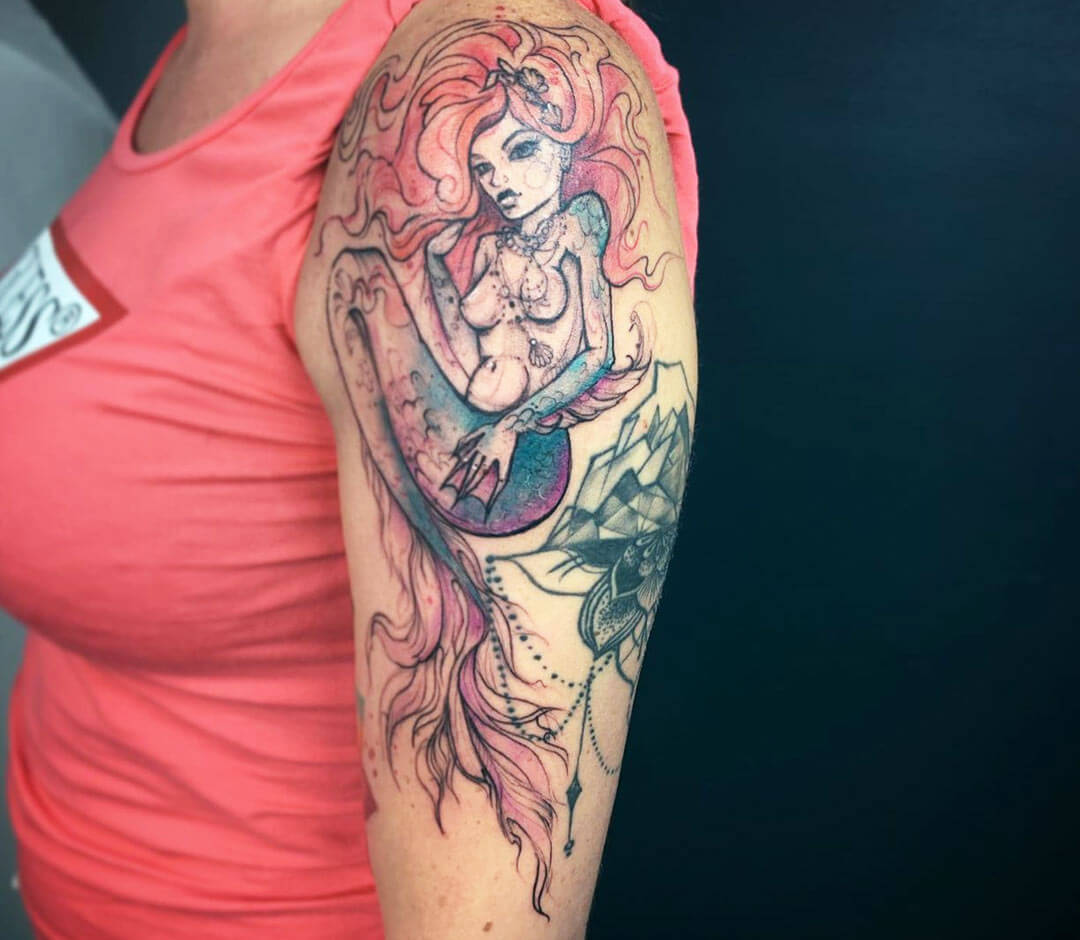 Beautiful Exotic Mermaid in Water with Dark Tattoos and a Seahorse ·  Creative Fabrica
