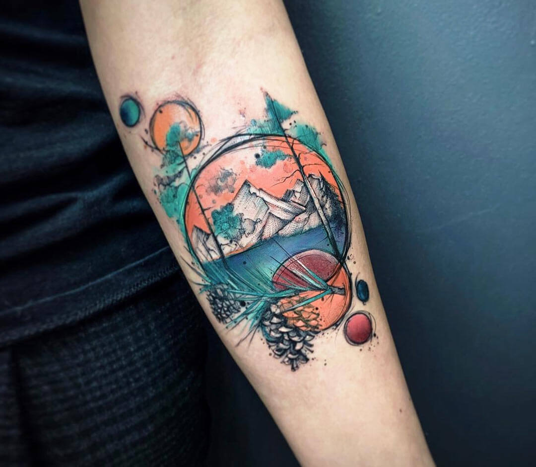 Geometric Mountain and Aurora Borealis Tattoo Design – Tattoos Wizard  Designs