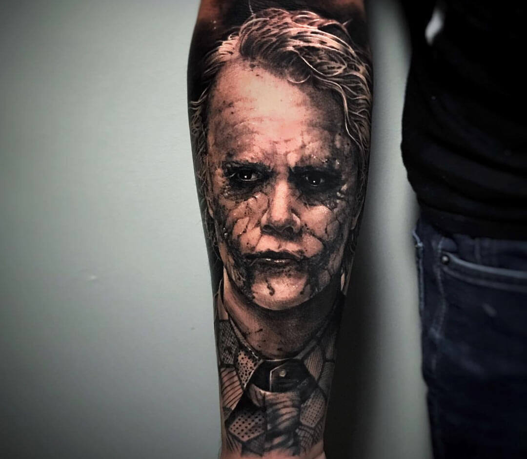 Heath Ledger as The Joker portrait tattoo on the calf