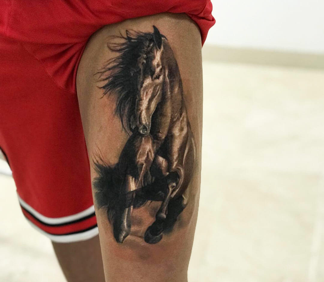 Horse tattoo! 3 running horses wrapping from back to ribs. Took about 3 1/2  hours, done with pure shading. | Horse tattoo, Weird tattoos, Tattoos