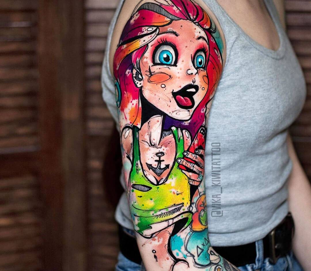 sleeve mermaid temporary tattoo arm wrist cartoon princess tattoo for  children girls glitter glue tattoo fish ocean watercolor - AliExpress