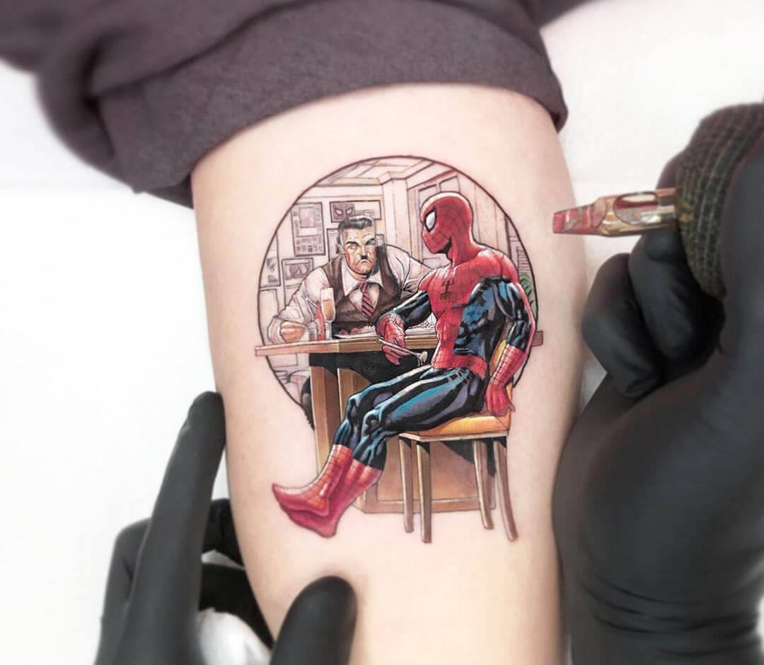 Spiderman tattoo full leg (most leg) : r/Spiderman