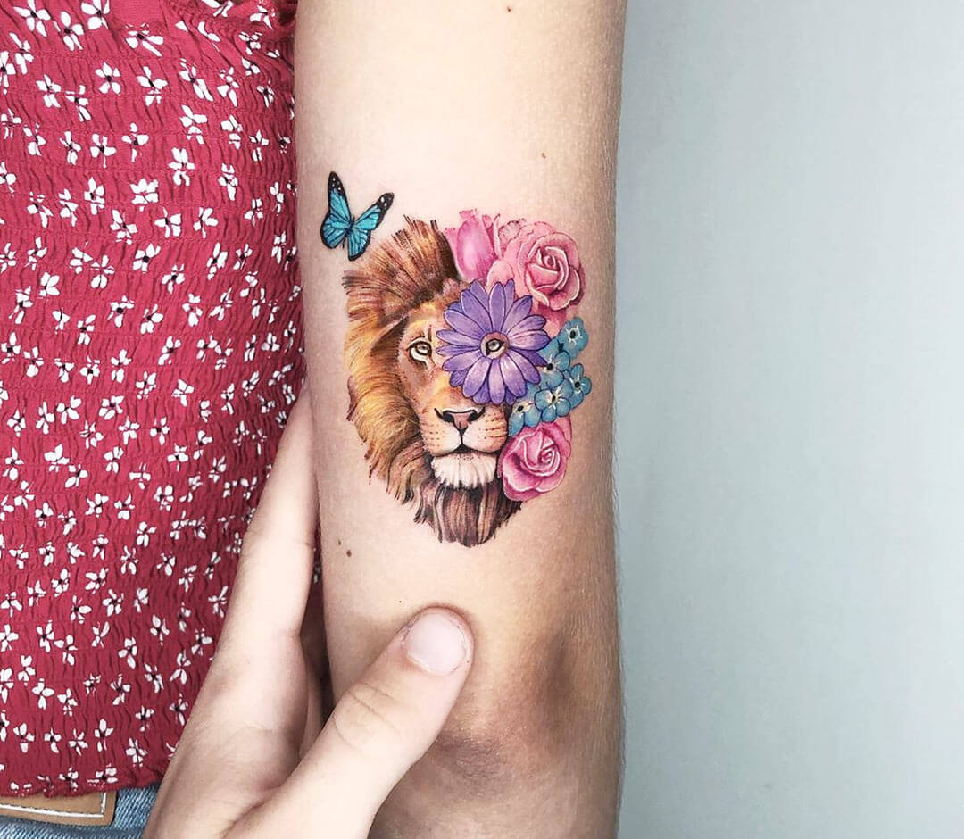 Tattoo uploaded by Alyssa • #liontattoo #geometrictattoo #halfsleevetattoo # flowers #lion #girlytattoo #ladytattoo #forearmtattoo • Tattoodo