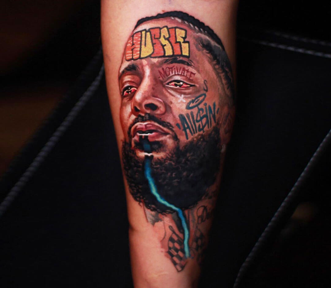 Nipsey Hussle portrait done at black anchor collective in hesperia. : r/ tattoo