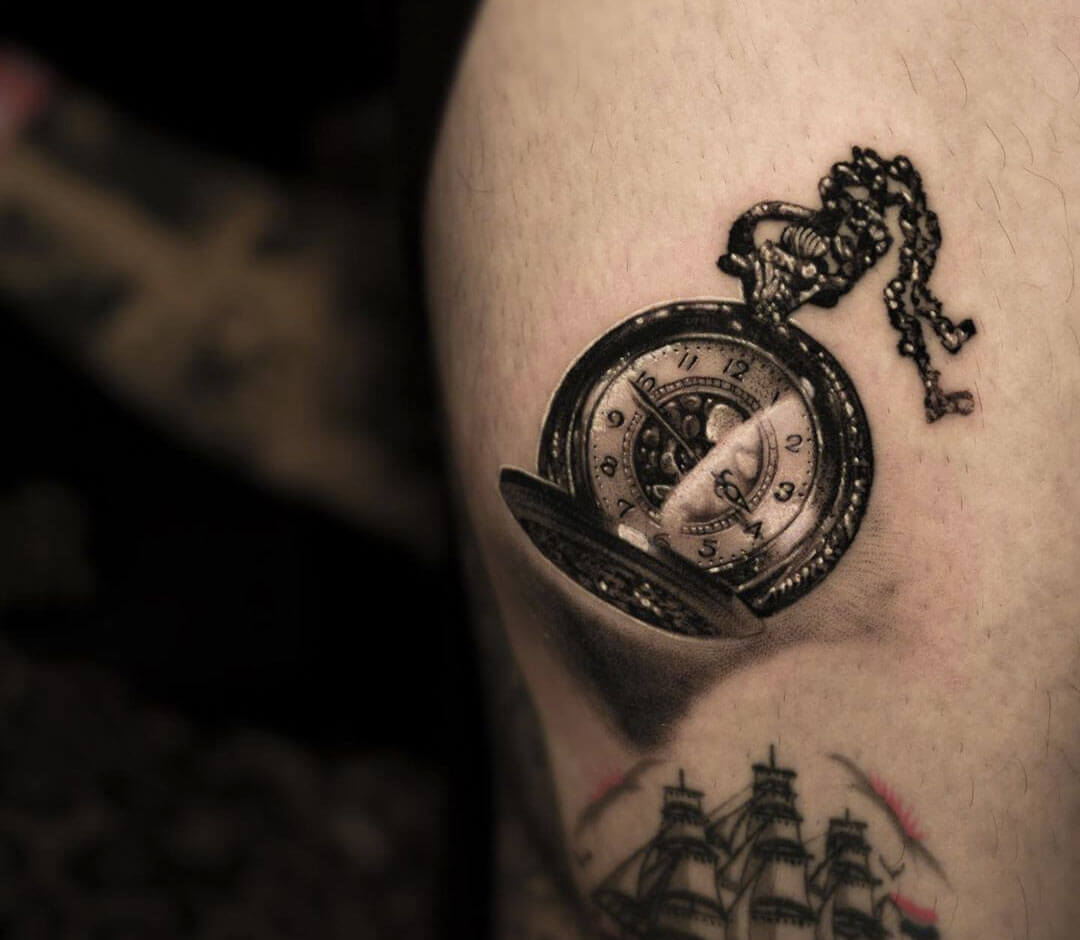 Black and grey composition of three elements, 1), combination old school pocket  watch and nautical compass,