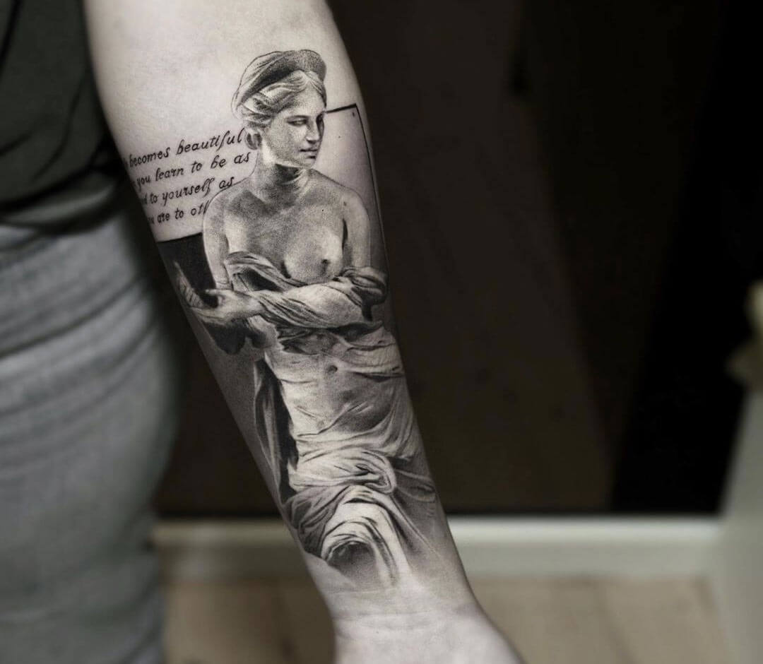 Single needle Venus de Milo bust tattoo located on the