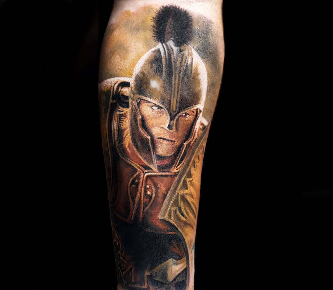 Tattoo photos Gallery. realistic Brad Pitt warrior Achilles tattoo art Pete...