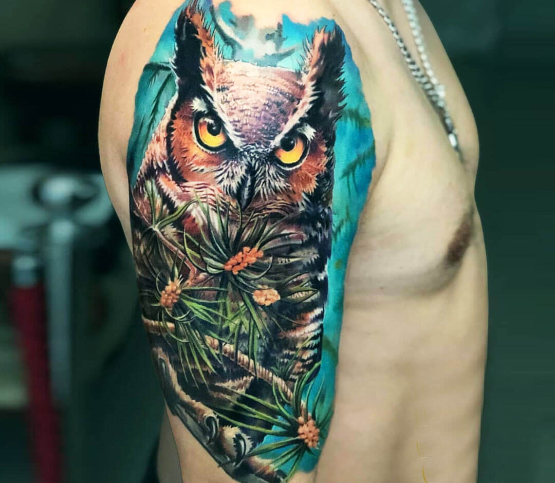 Owl In Forest Tattoo By Tattoo Zhuzha 