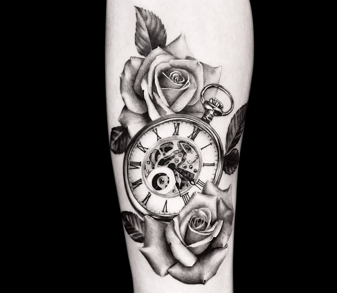 Rose And Pocket Watch Tattoo Designs