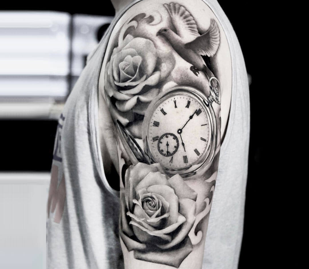Rose Clock Tattoo Design stock illustration. Illustration of decoration -  62302812