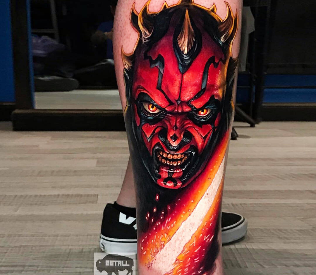 Close. realistic Darth Maul Star Wars tattoo art Victor Zetall. 