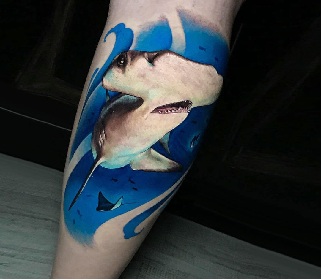 Hammerhead shark with flowers tattoo idea | TattoosAI
