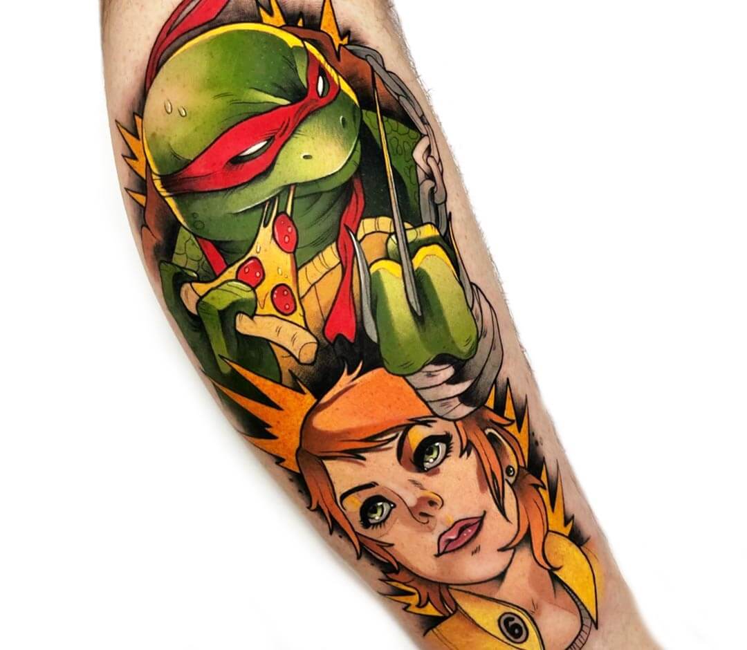 baby ninja turtle and vilan tattoo