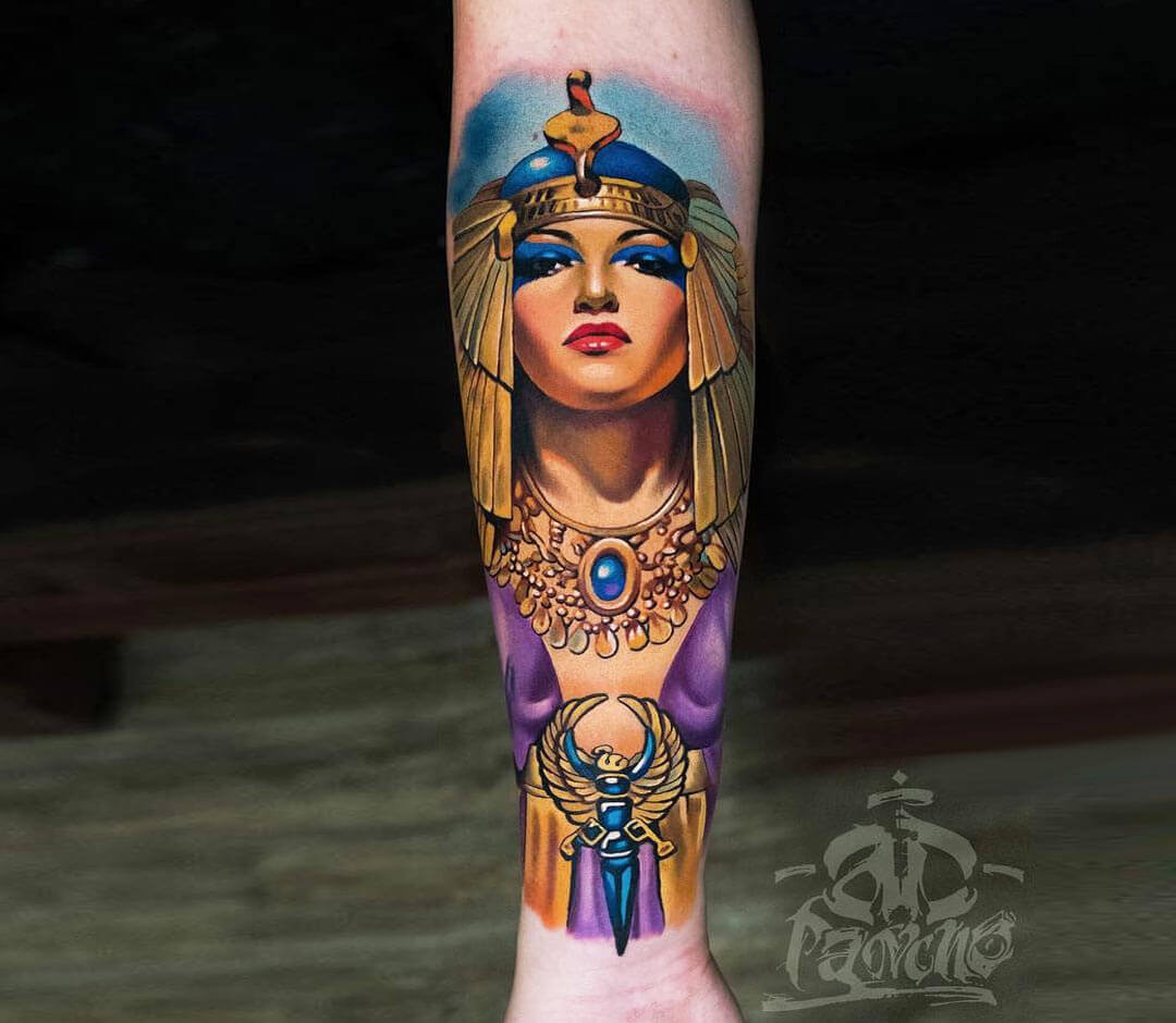 Neotraditional Cleopatra tattoo on the inner arm