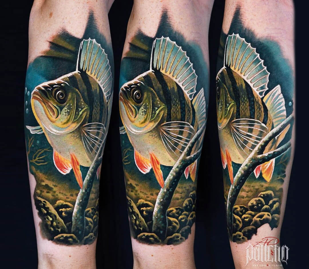 Blackwork fisherman portrait tattoo on the arm.