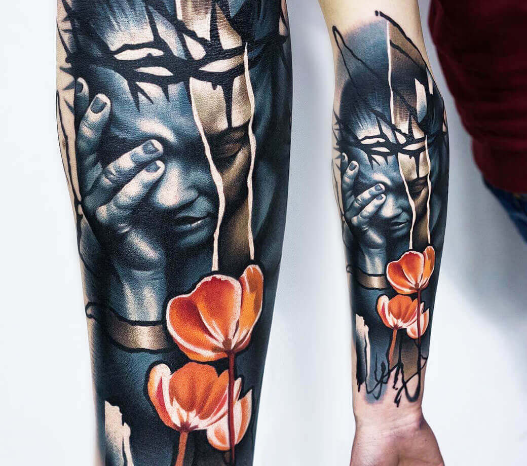 sad woman with a girl double exposur tattoo by doristattoo on DeviantArt