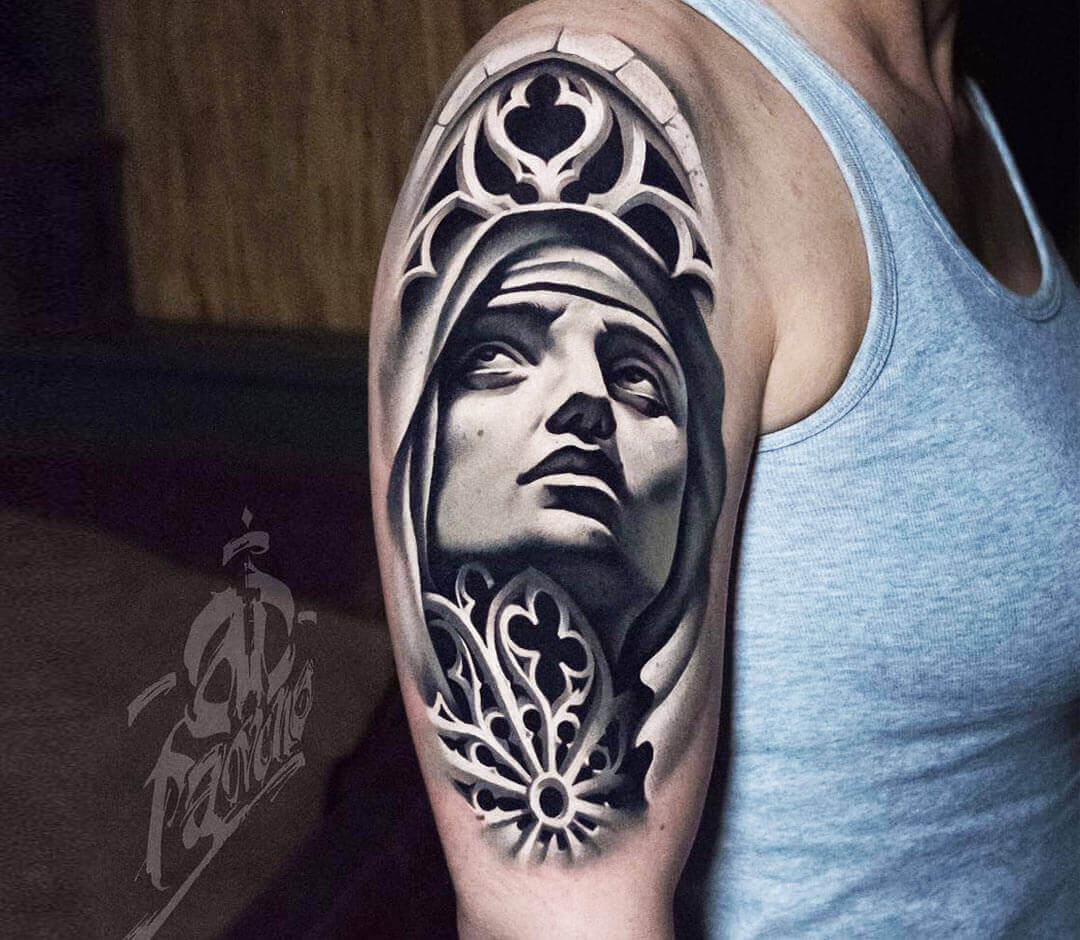 Mother Mary tattoo by Robert. #mothermarytattoo #primadonna  #virginmarytattoo #realistictattoo #blackandgreytattoo #greyworktattoo… |  Instagram