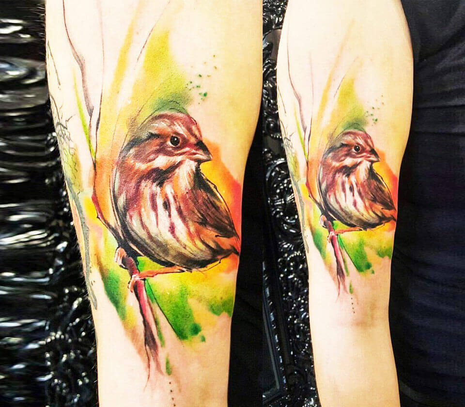 Red-headed finch tattoo on the left side of the neck. | Birds tattoo,  Watercolor bird tattoo, Bird and flower tattoo