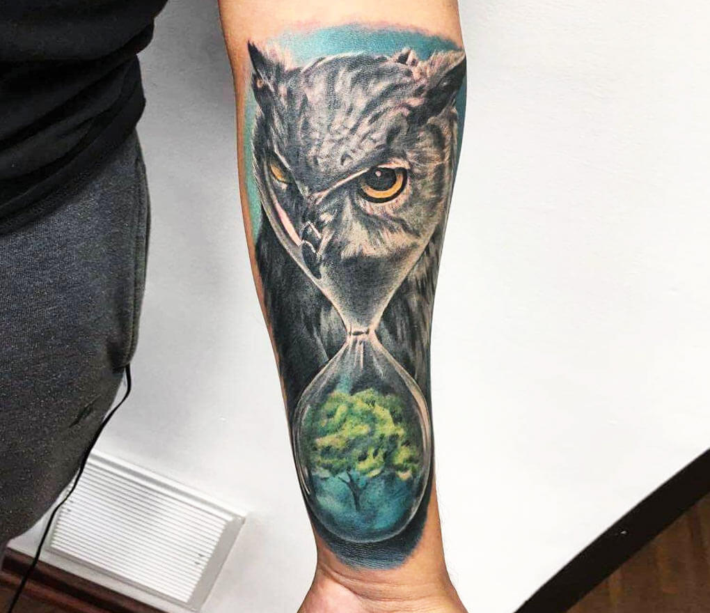 Owl With Hourglass Tattoo on Arm