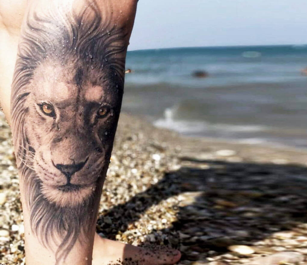 Realistic black and gray Lion lion cub leg sleeve tattoo tattoo artis... |  Realism Tattoo | TikTok