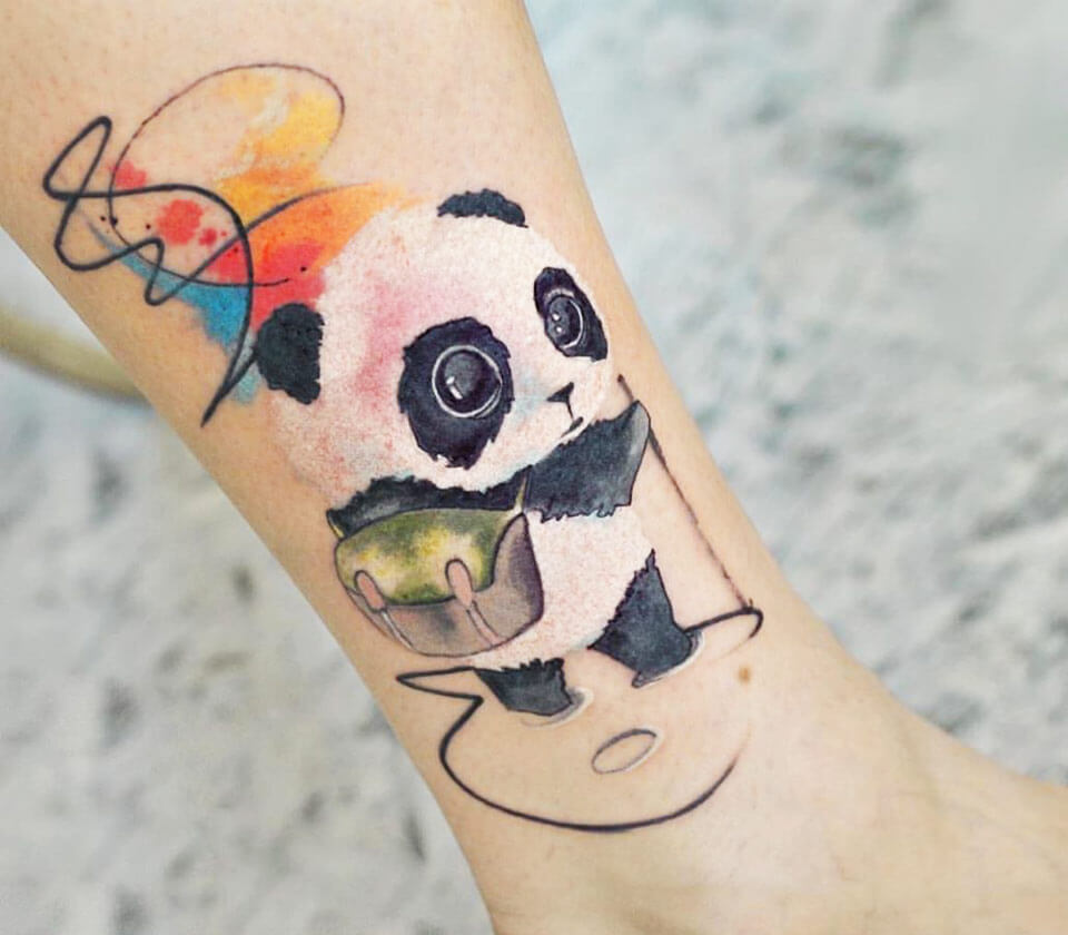 Irrestible Watercolor Panda Head Tattoo On Front Shoulder For Men