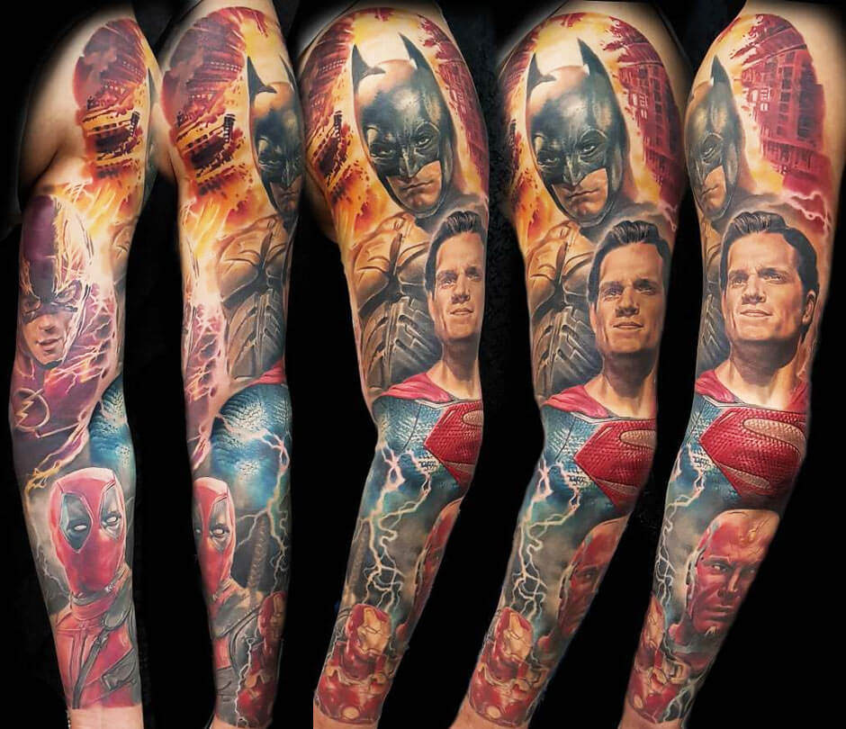 Marvel and DC Comics movies tattoo by Alex Noir
