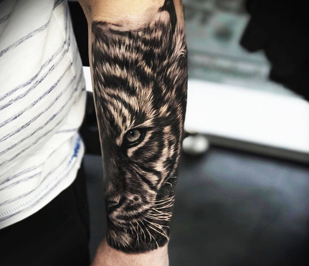 HR Tattoo Shop - Glasgow - Tiger forearm piece, done by Norbi For bookings:  Message on social media pages or email: thehrtattooshop@gmail.com  #realistictattoo #tiger #tigertattoo #blackandgreytattoo #hrtattooshop  #sleeve #tattoosleeve | Facebook