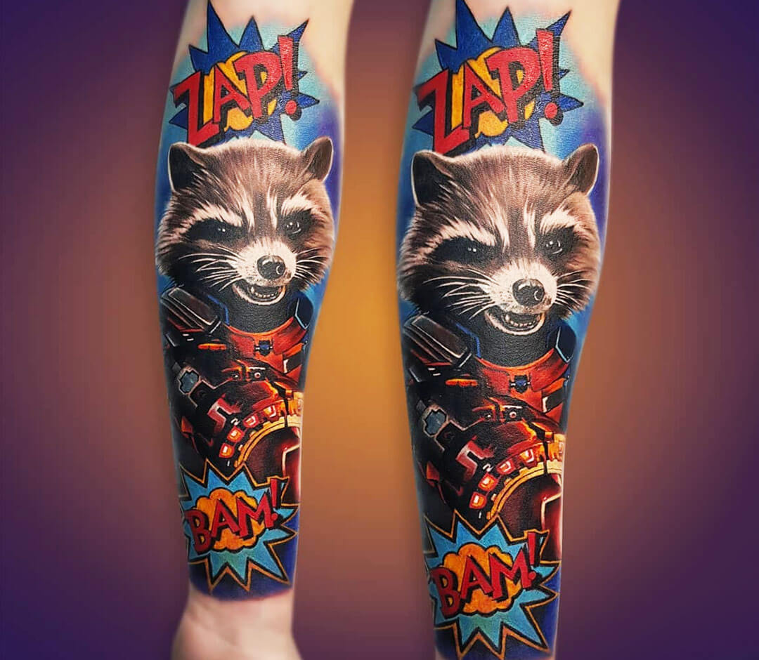 Classic Ink Tattoo Studio - @michaelpaultattoo colorized and finished his  rendering on Rocket the raccoon from Guardians of the Galaxy. #tattoos  #customtattoos #marveltattoo #marveluniverse #marvel #rocket #rocketraccoon  #racoon #inked #custom ...