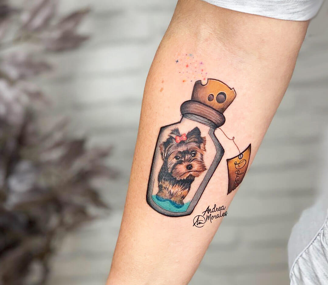Dog in a bottle tattoo by Andrea Morales | Photo 28015