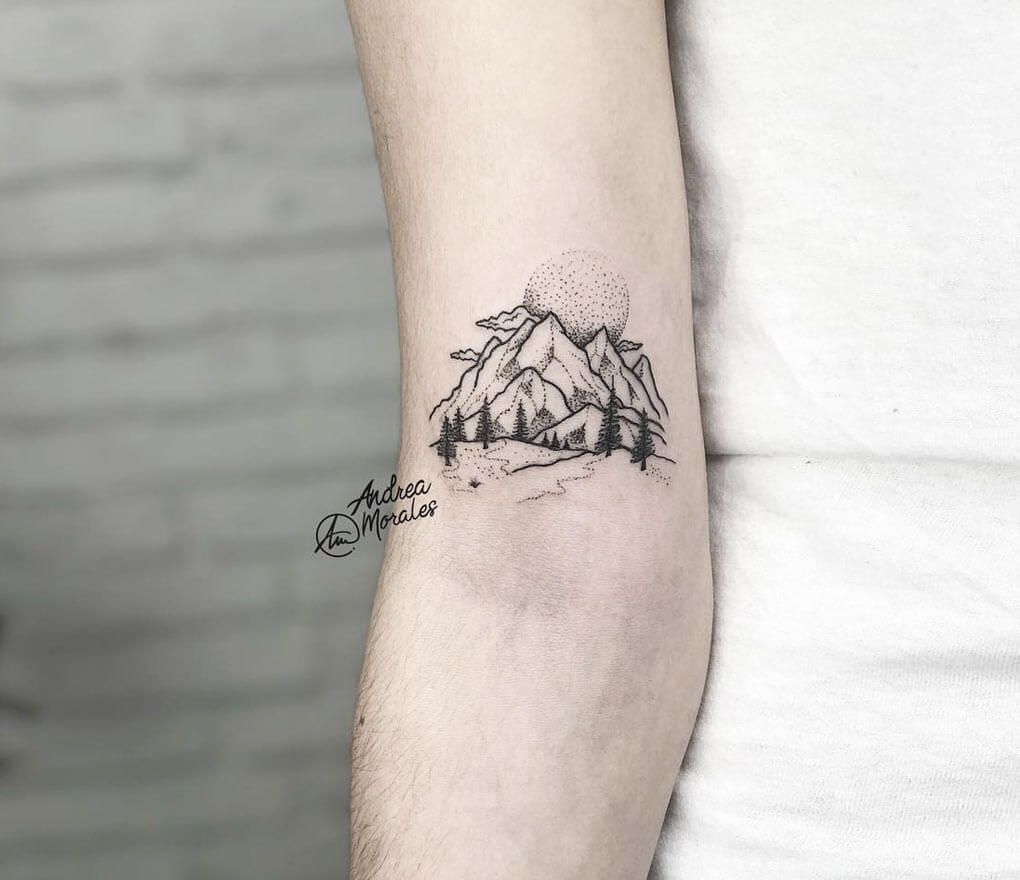 Tattoo tagged with: astronomy, circle, crescent moon, dotwork, facebook,  geometric shape, illustrative, inner forearm, landscape, moon, mountain,  nature, small, twitter, victoriayam | inked-app.com
