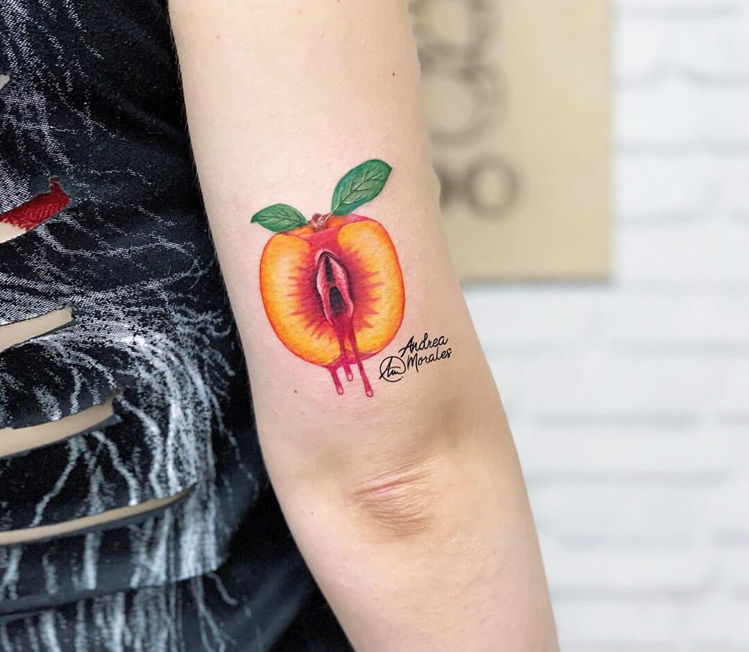 Close. cartoon fruit peach pussy tattoo art Andrea Morales. 