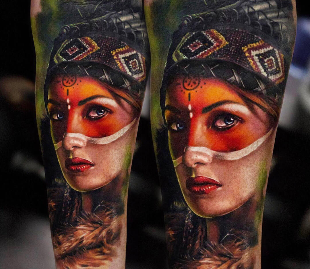 Native American Woman Tattoo in Black and Grey on the sleeve   made by  John Hu  Native american tattoos Native american tattoo sleeve American  indian tattoos