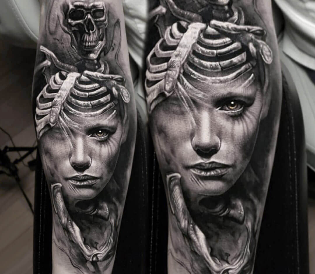 Face and skeleton tattoo by Arlo Tattoos | Photo 27759