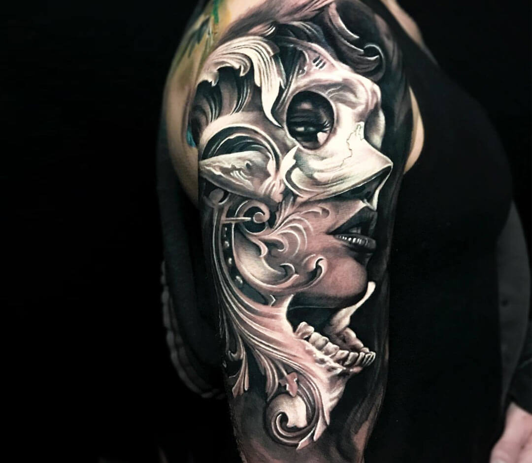 Girl with Skull mask tattoo by Arlo Tattoos | Photo 21235