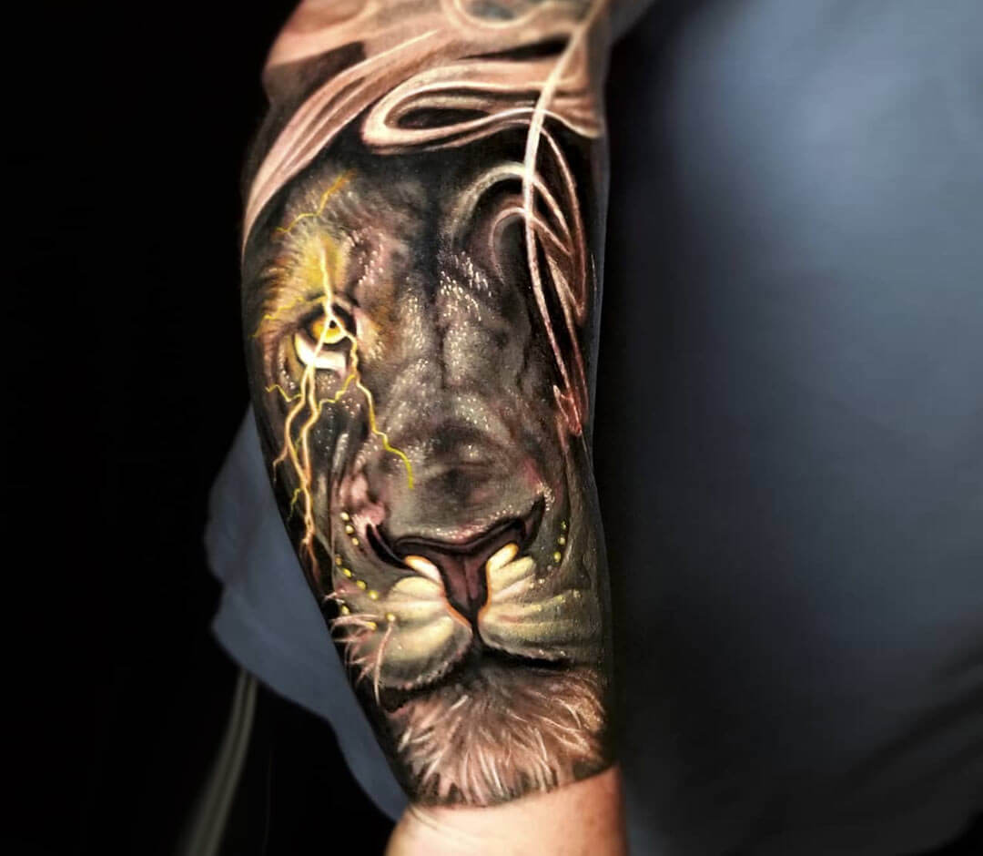 Black and grey lion and skull sleeve | Skull sleeve, Tattoo sleeve men,  Sleeve tattoos