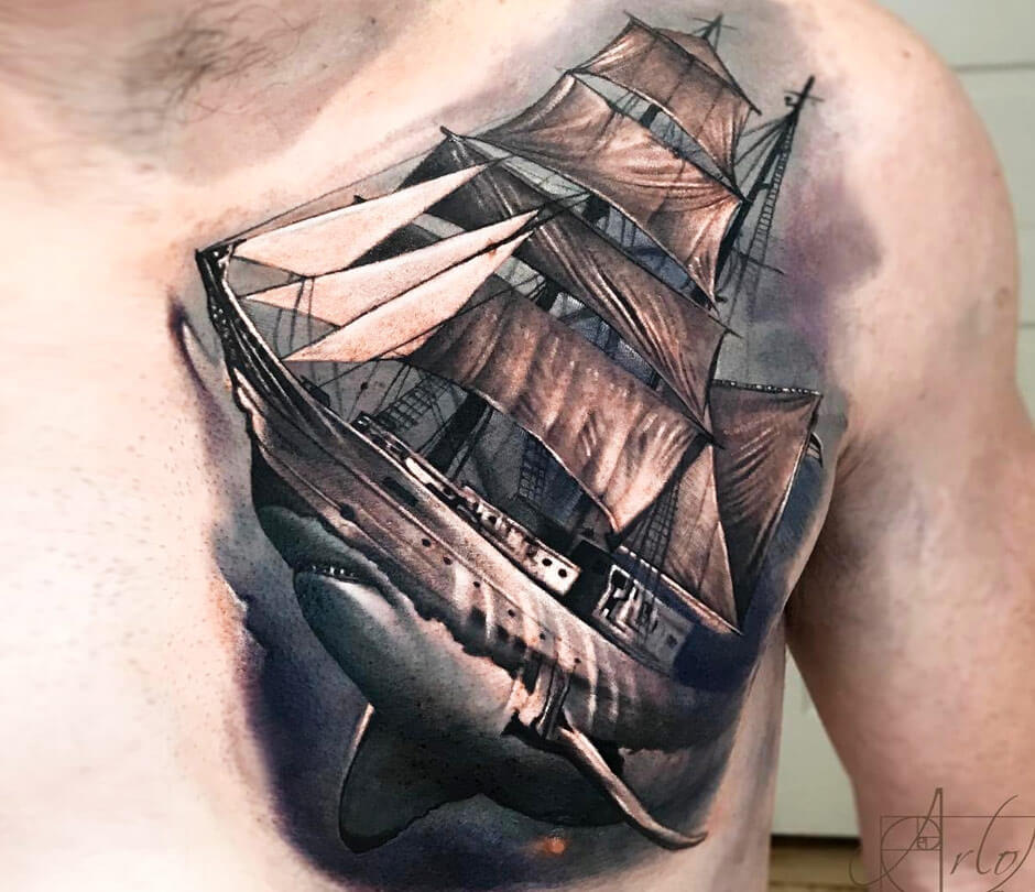 realistic ship tattoo