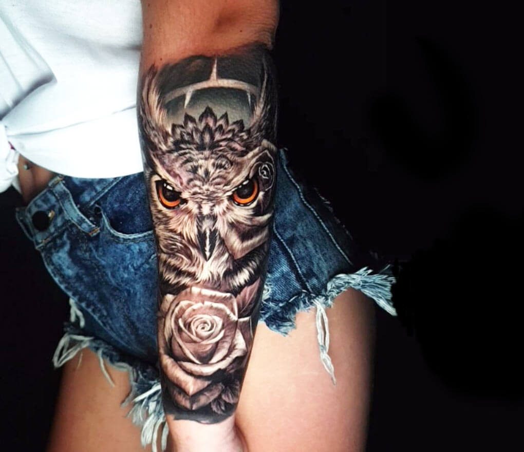 Owl And Rose Tattoo By Ata Ink Photo