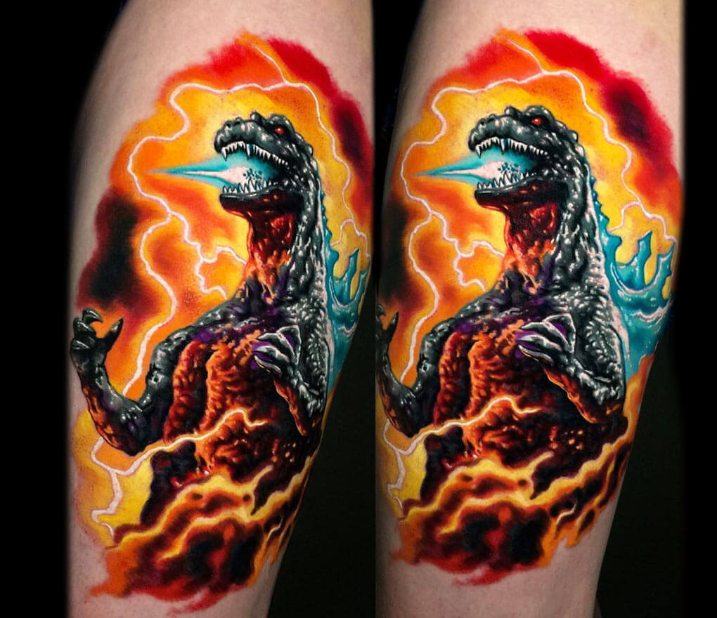 Godzilla tattoo by Audie Fulfer. 