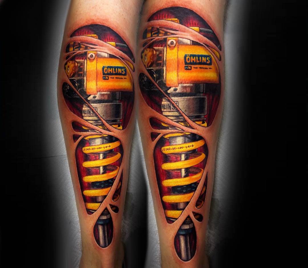 Realistic shock absorber biomechanical lower leg piece. Tattoo by Jurgis  Mikalauskas, an artist bas… | Biomechanical tattoo, Biomechanical tattoo  design, 3d tattoos