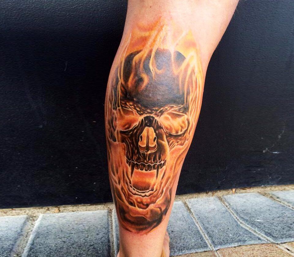 Tattoo photos Gallery. realistic fire skull realistic tattoo art Ben Kaye. 