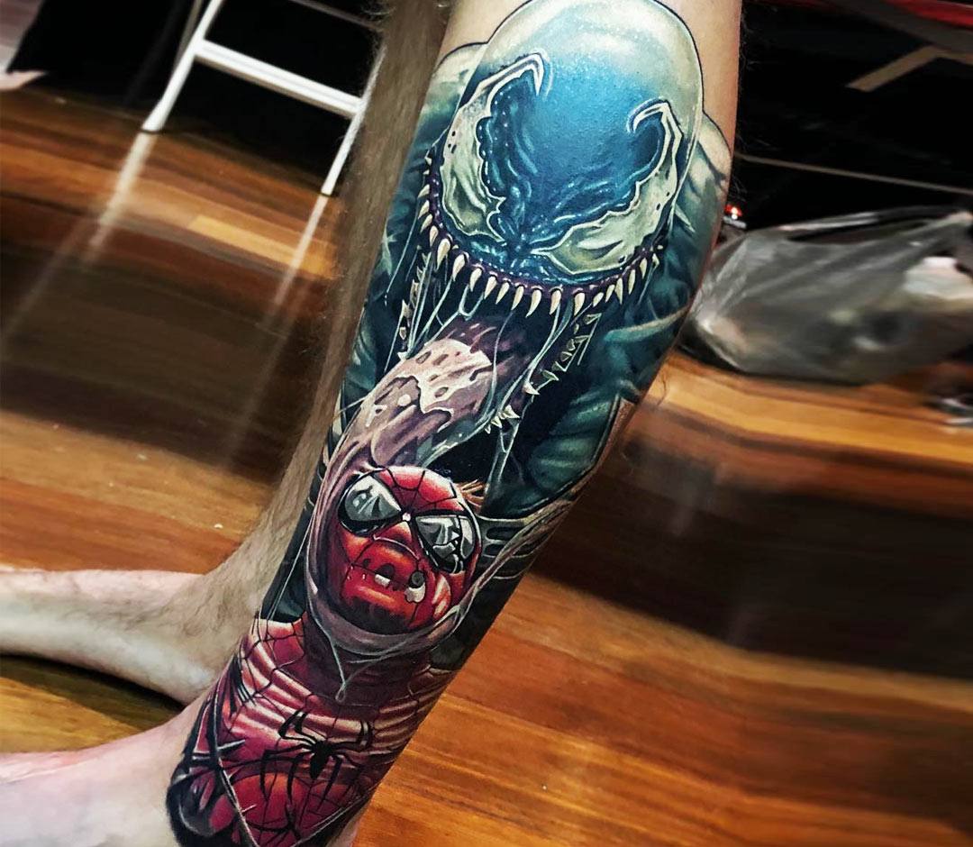 spider man comic book inspired arm tattoo ideas black background  coloured tattoo  Spiderman tattoo Sleeve tattoos Dragon sleeve tattoos