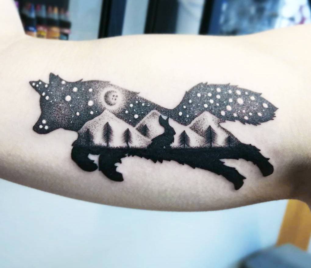 Dotwork Bear in Forest Tattoo Design – Tattoos Wizard Designs
