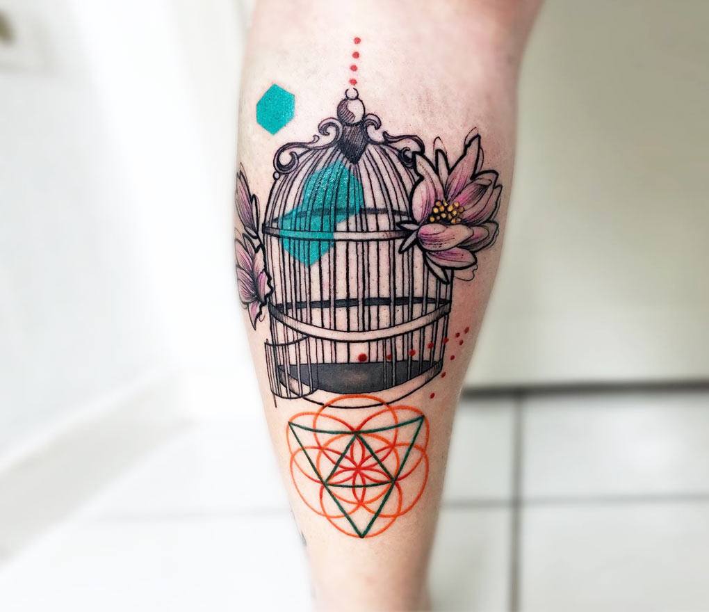 Shoulder Dotwork Bird Cage Tattoo by Ottorino dAmbra
