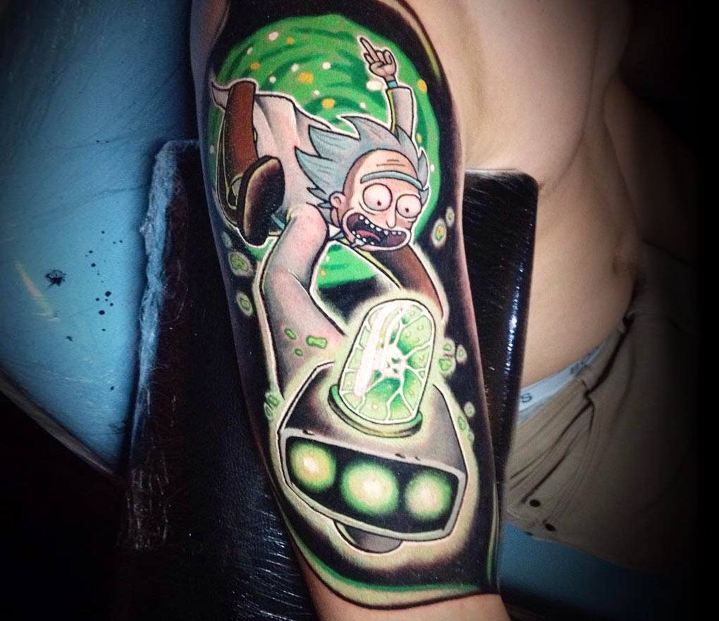 Rick  Morty tattoo located on the upper arm