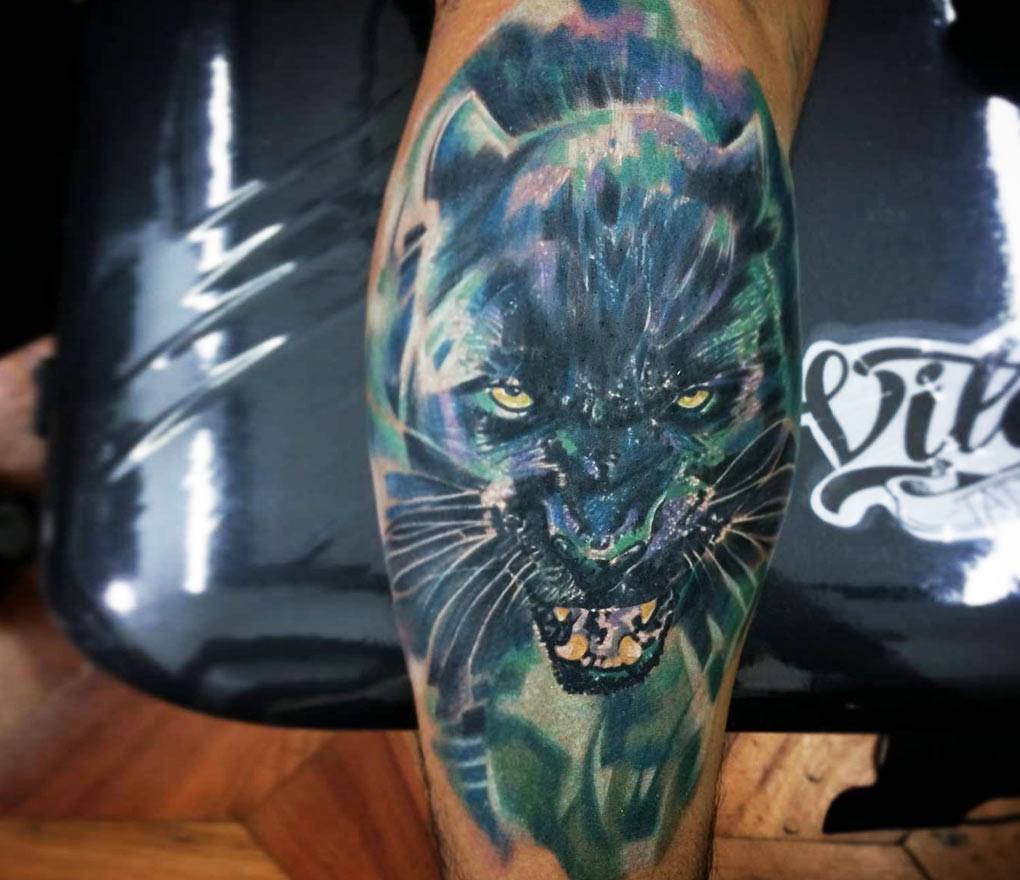 Cool Realistic Black Panther Sleeve Tattoo Idea