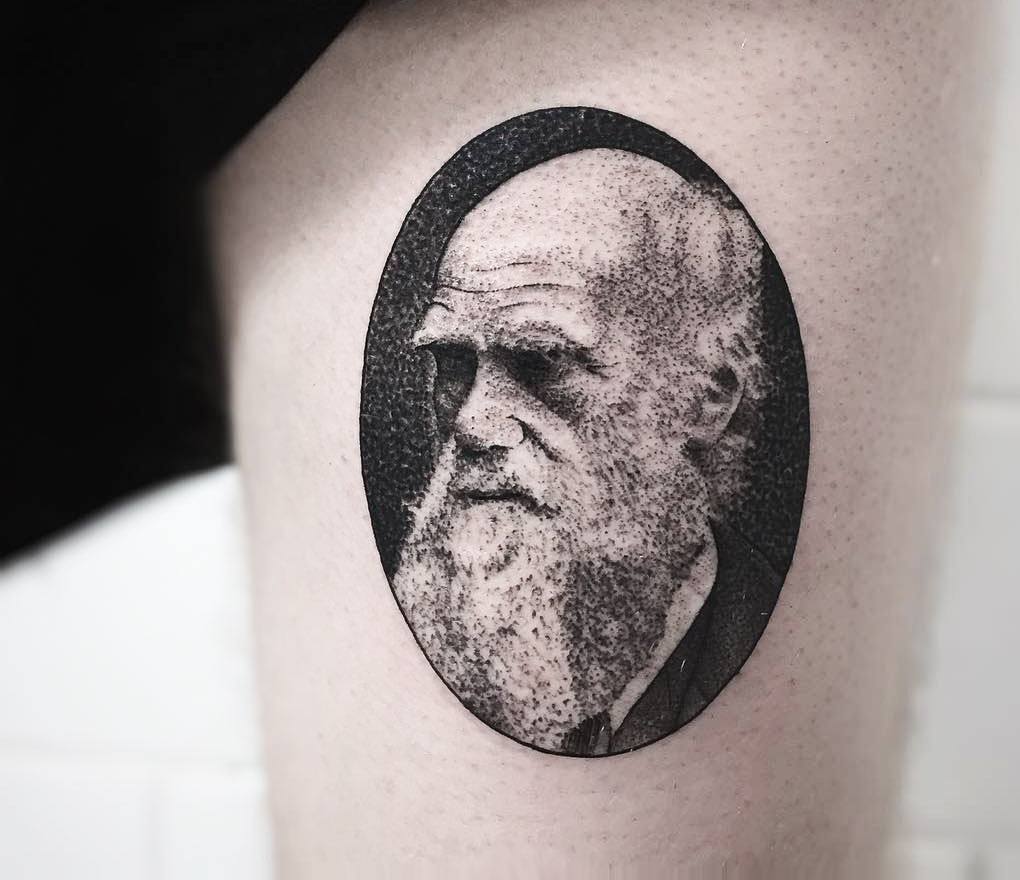 Fuck Yeah, Math and Science Tattoos! on Tumblr: Charles Darwin Tattoo  featuring his portrait, the Galapagos Islands, his finch sketches,  trilobites, his famous ship 